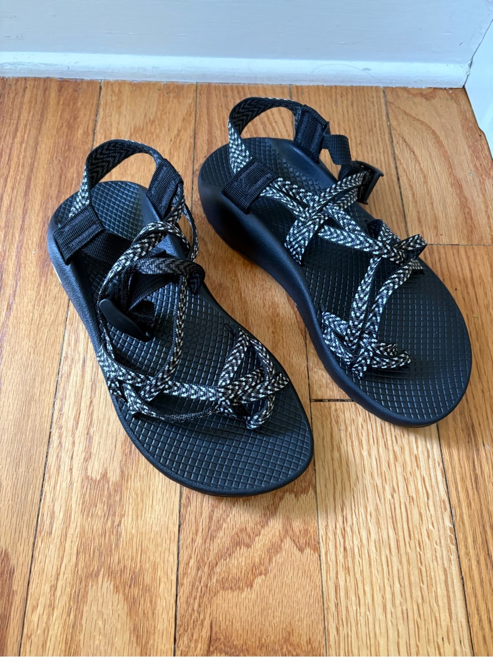 Chaco Women's Black Sandals with White-Patterned Rope Straps